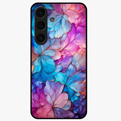 Radiant Floral Whirl Glass Case showing flat back view with swirling floral artwork and glossy glass finish.