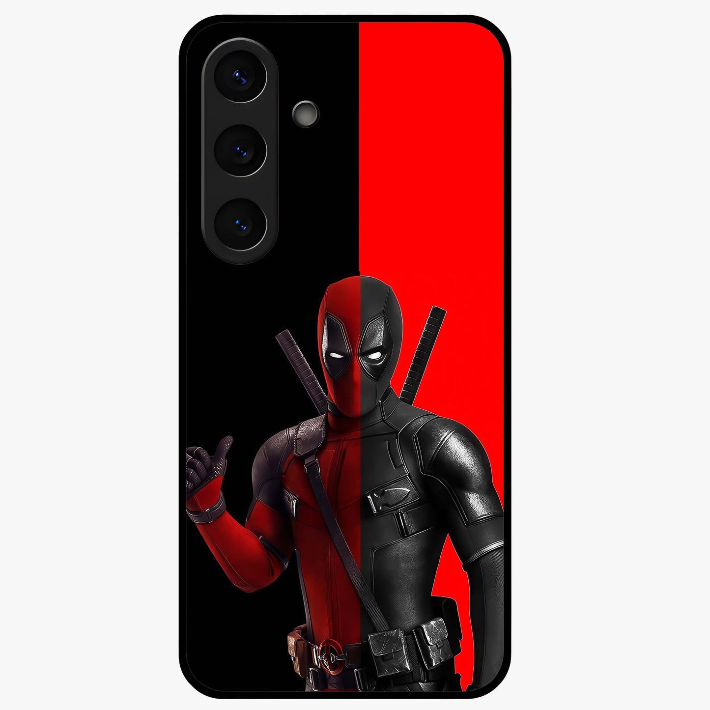 Red & Black Deadpool Theme Glass Case showing flat back view with bold comic inspired artwork and glossy glass finish.