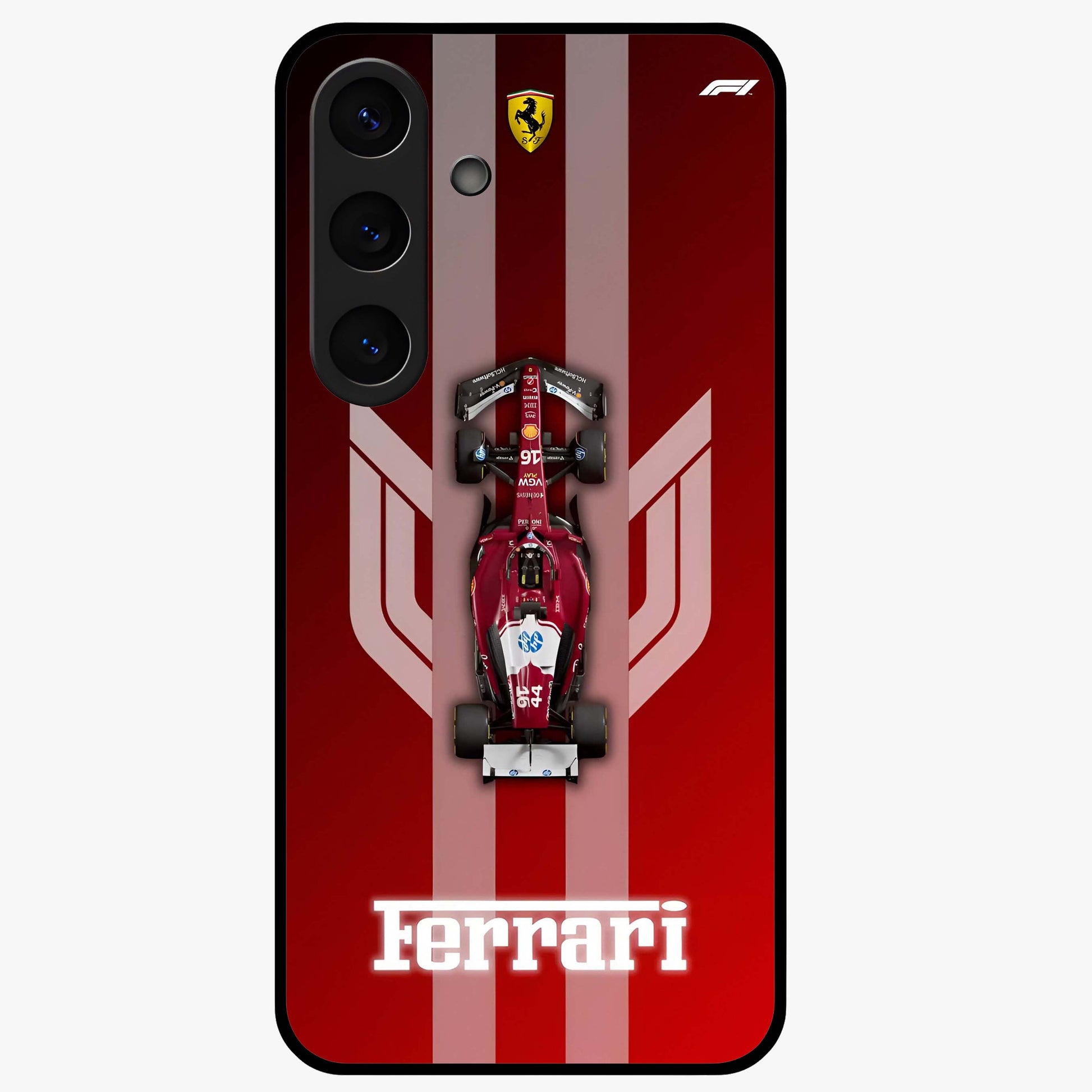 Red Ferrari F1 Vertical Glass Case showing flat back view with sleek Formula racing car artwork and glossy glass finish.