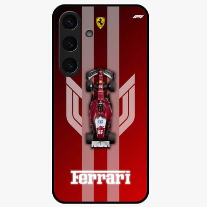 Red Ferrari F1 Vertical Glass Case showing flat back view with sleek Formula racing car artwork and glossy glass finish.