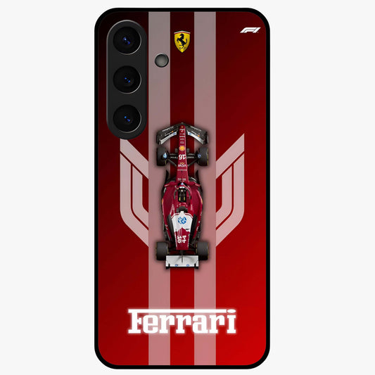 Red Ferrari F1 Vertical Glass Case showing flat back view with sleek Formula racing car artwork and glossy glass finish.