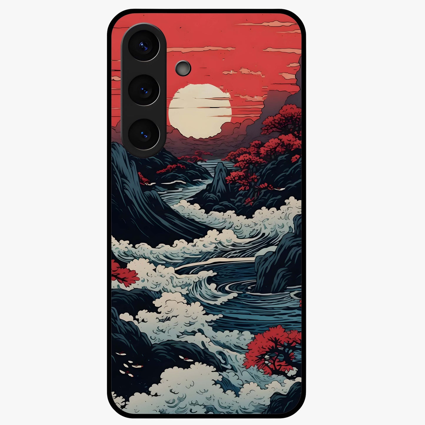 Red Sunset Scenery Glass Case showing flat back view with vibrant sunset landscape artwork and glossy glass finish.