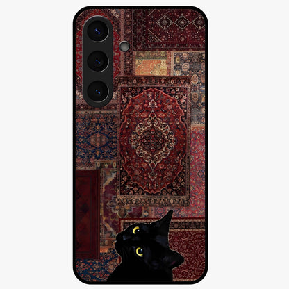 Regal Magic Cat Apple Glass Case showing flat back view with magical cat artwork holding apple and glossy glass finish.