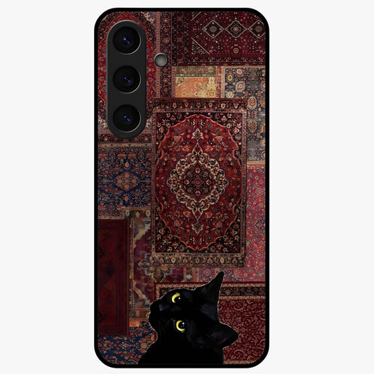 Regal Magic Cat Apple Glass Case showing flat back view with magical cat artwork holding apple and glossy glass finish.