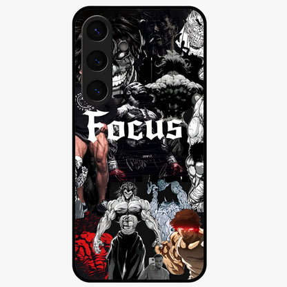 Relentless Power Focus Glass Case showing flat back view with motivational typography artwork and glossy glass finish.