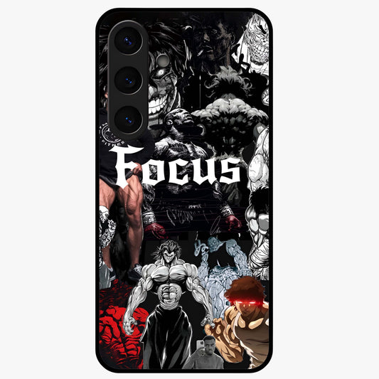 Relentless Power Focus Glass Case showing flat back view with motivational typography artwork and glossy glass finish.