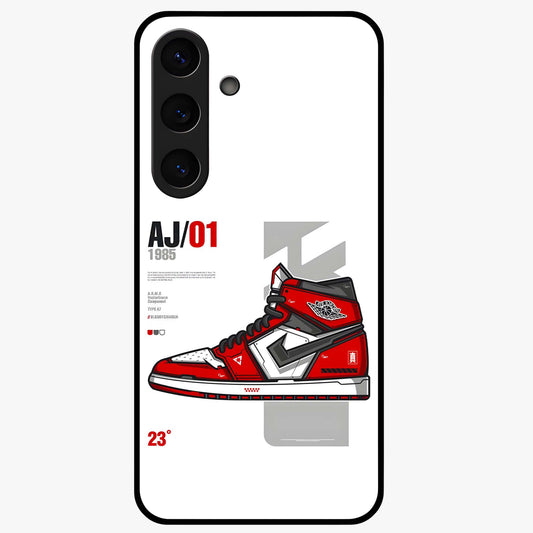 Retro Sneaker Blueprint Glass Case showing flat back view with sneaker blueprint style artwork and glossy glass finish.