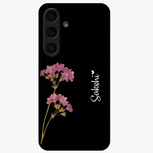 Riching Lavender Flower Custom Name Glass Case showing flat back view with lavender floral artwork and personalized name design.
