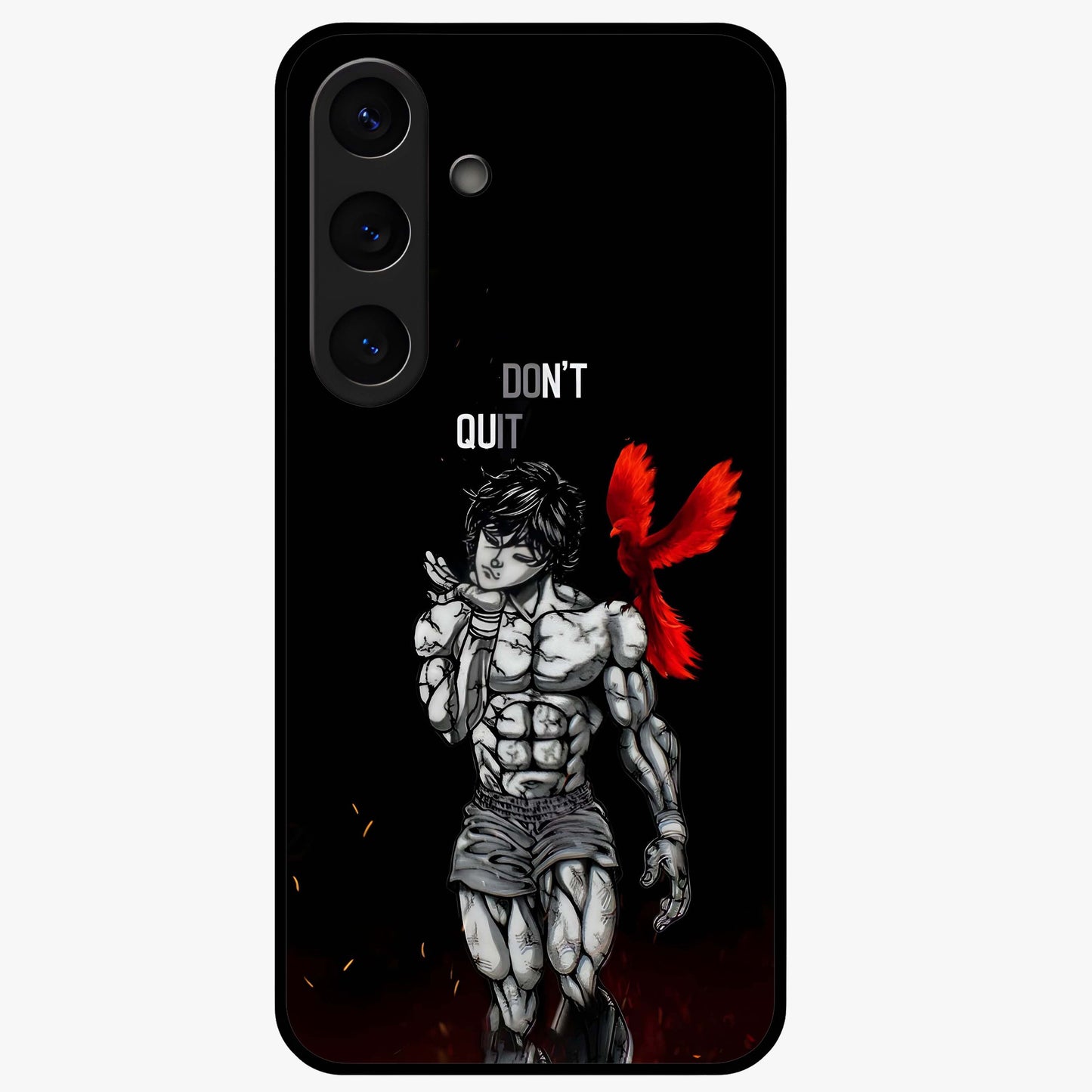 Rise Beyond Limits Glass Case showing flat back view with motivational typography artwork and glossy glass finish.
