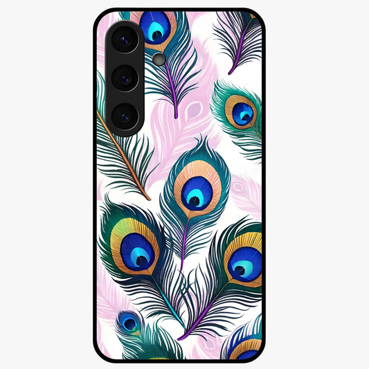 Royal Peacock Feathers Glass Case showing flat back view with colorful peacock feather artwork and glossy glass finish.