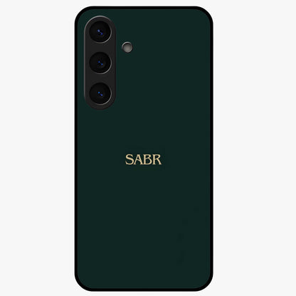 Sabr Minimal Patience Glass Case showing flat back view with minimalist typography artwork and glossy glass finish.