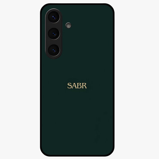 Sabr Minimal Patience Glass Case showing flat back view with minimalist typography artwork and glossy glass finish.