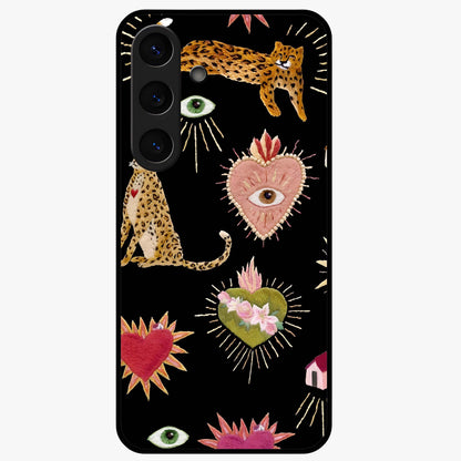 Sacred Jungle Heart Glass Case showing flat back view with jungle inspired heart artwork and glossy glass finish.