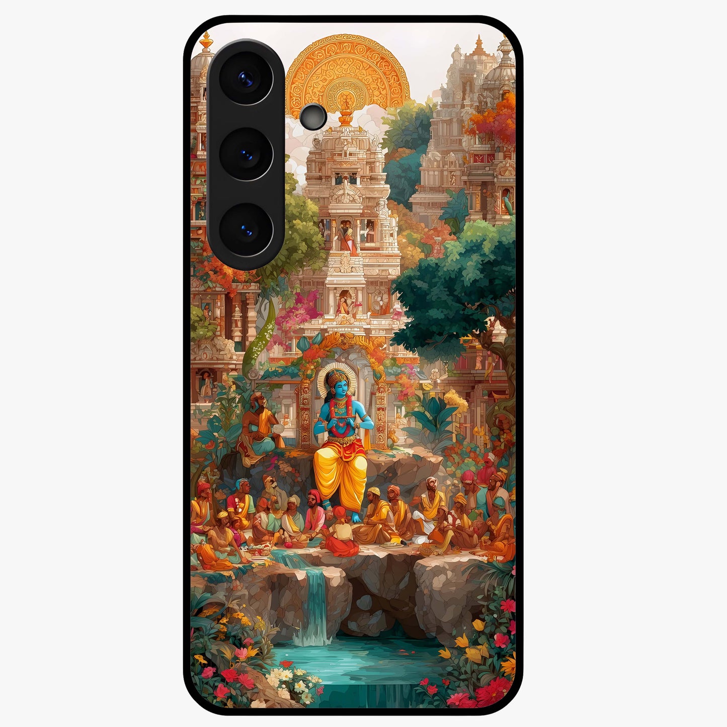 Sacred Sunlight Gods Glass Case showing flat back view with divine sunlight themed artwork and glossy glass finish.