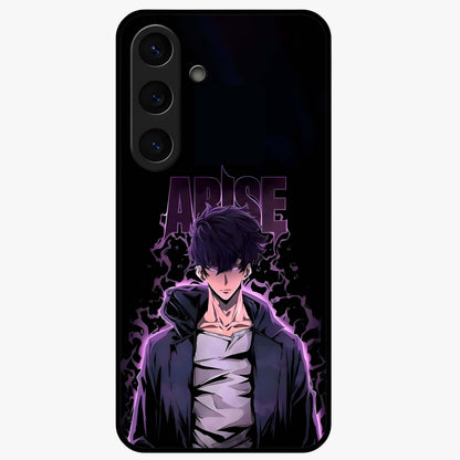 Shadow Monarch Awakening Glass Case showing flat back view with powerful dark monarch themed artwork and glossy glass finish.