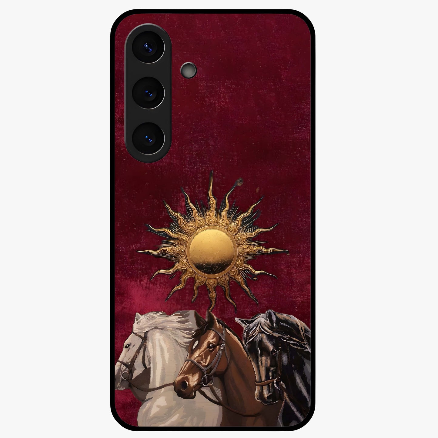 Solar Riders Glass Case showing flat back view with dynamic rider themed artwork and glossy glass finish.