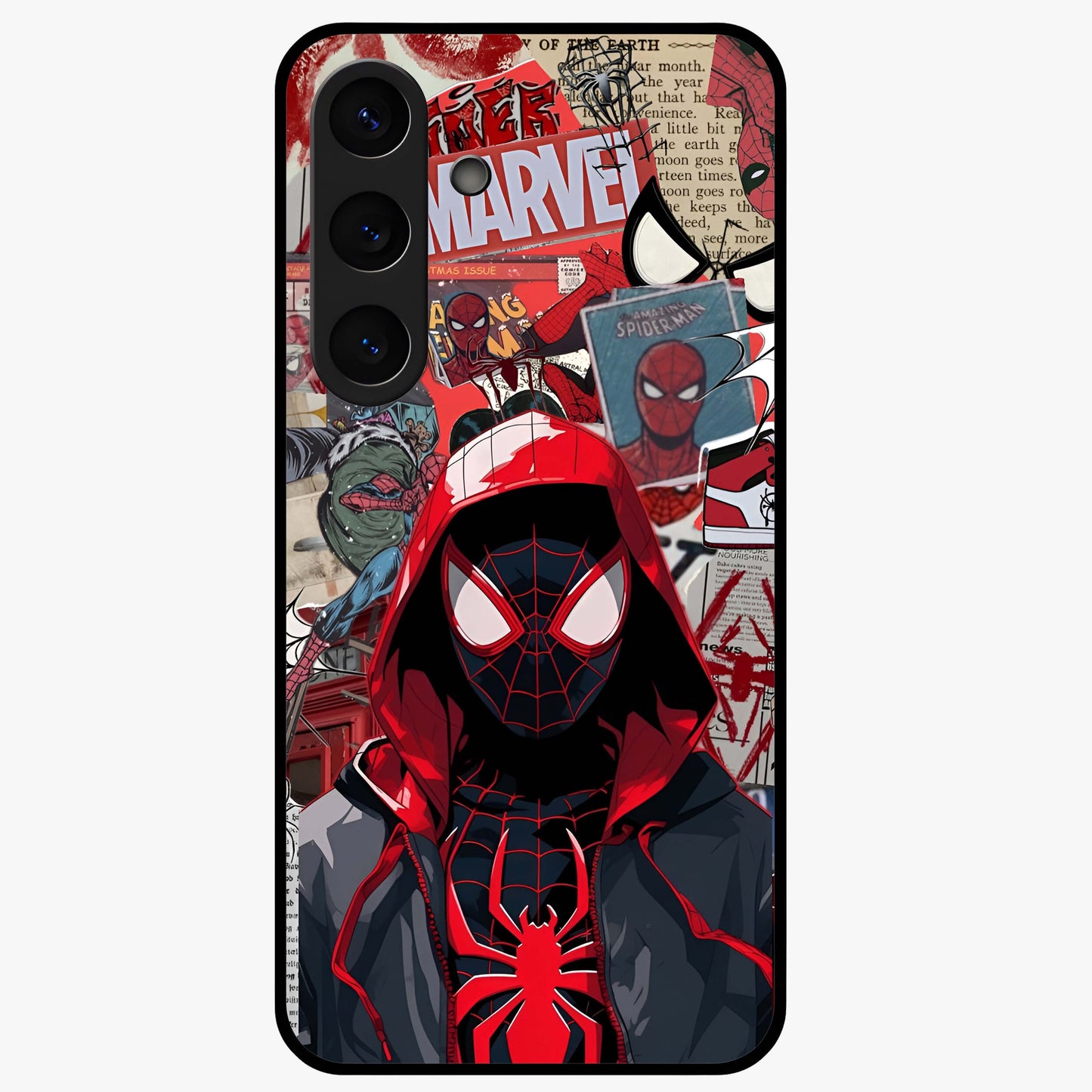 Spider Collage Street Glass Case showing flat back view with vibrant superhero collage artwork and glossy glass finish.