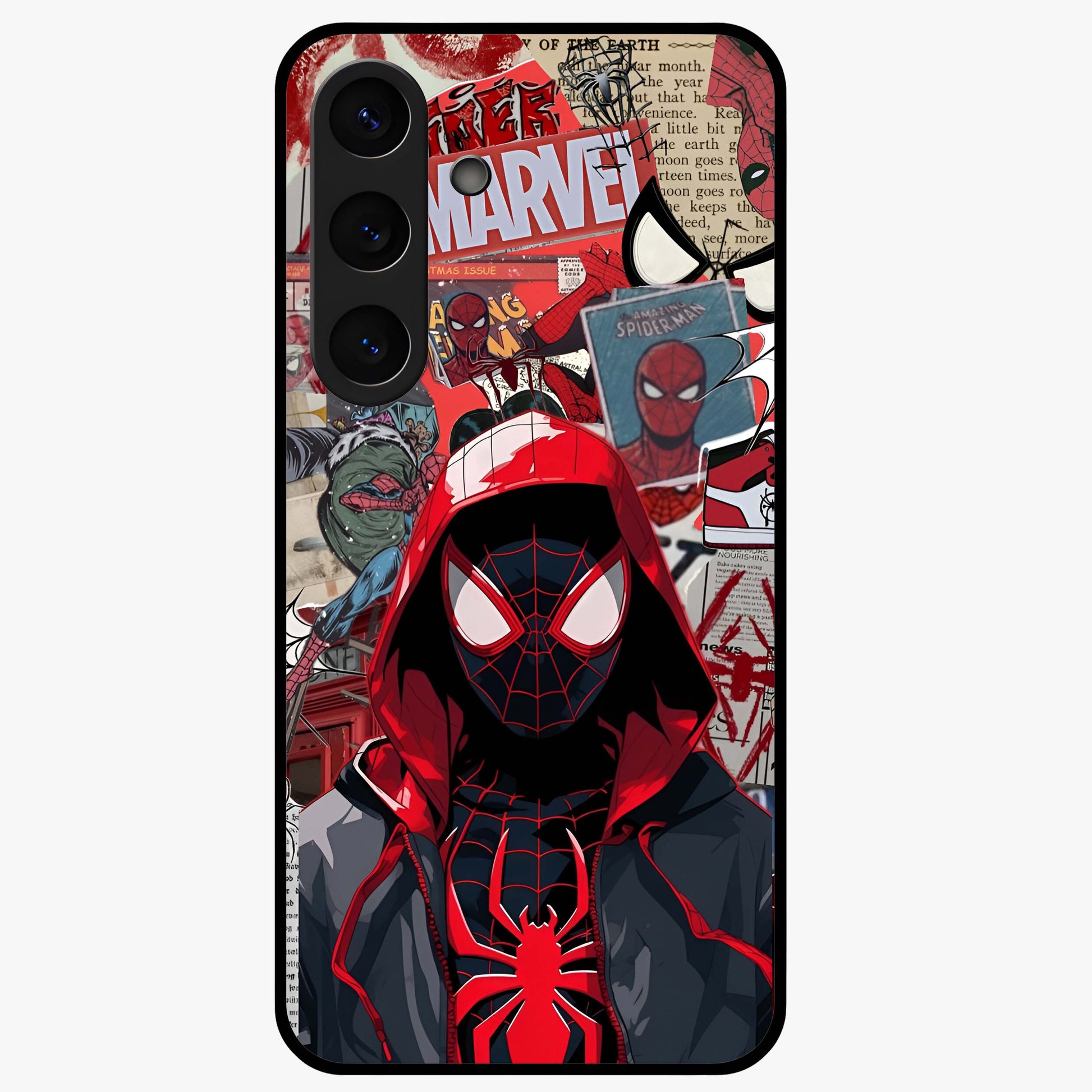 Spider Collage Street Glass Case showing flat back view with vibrant superhero collage artwork and glossy glass finish.