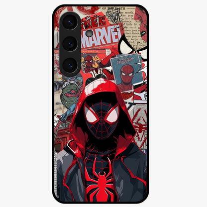 Spider Collage Street Glass Case showing flat back view with vibrant superhero collage artwork and glossy glass finish.