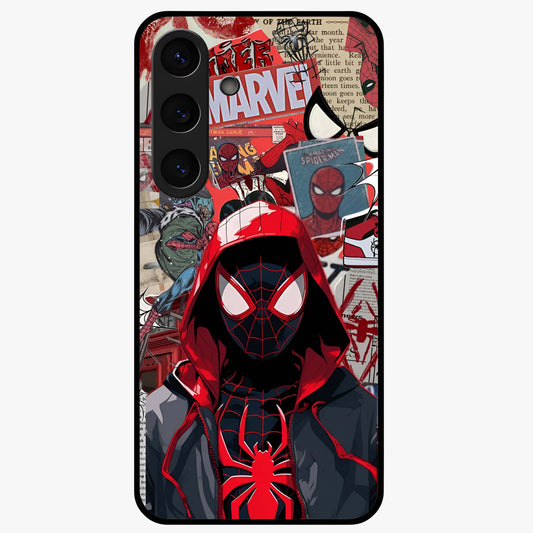 Spider Collage Street Glass Case showing flat back view with vibrant superhero collage artwork and glossy glass finish.