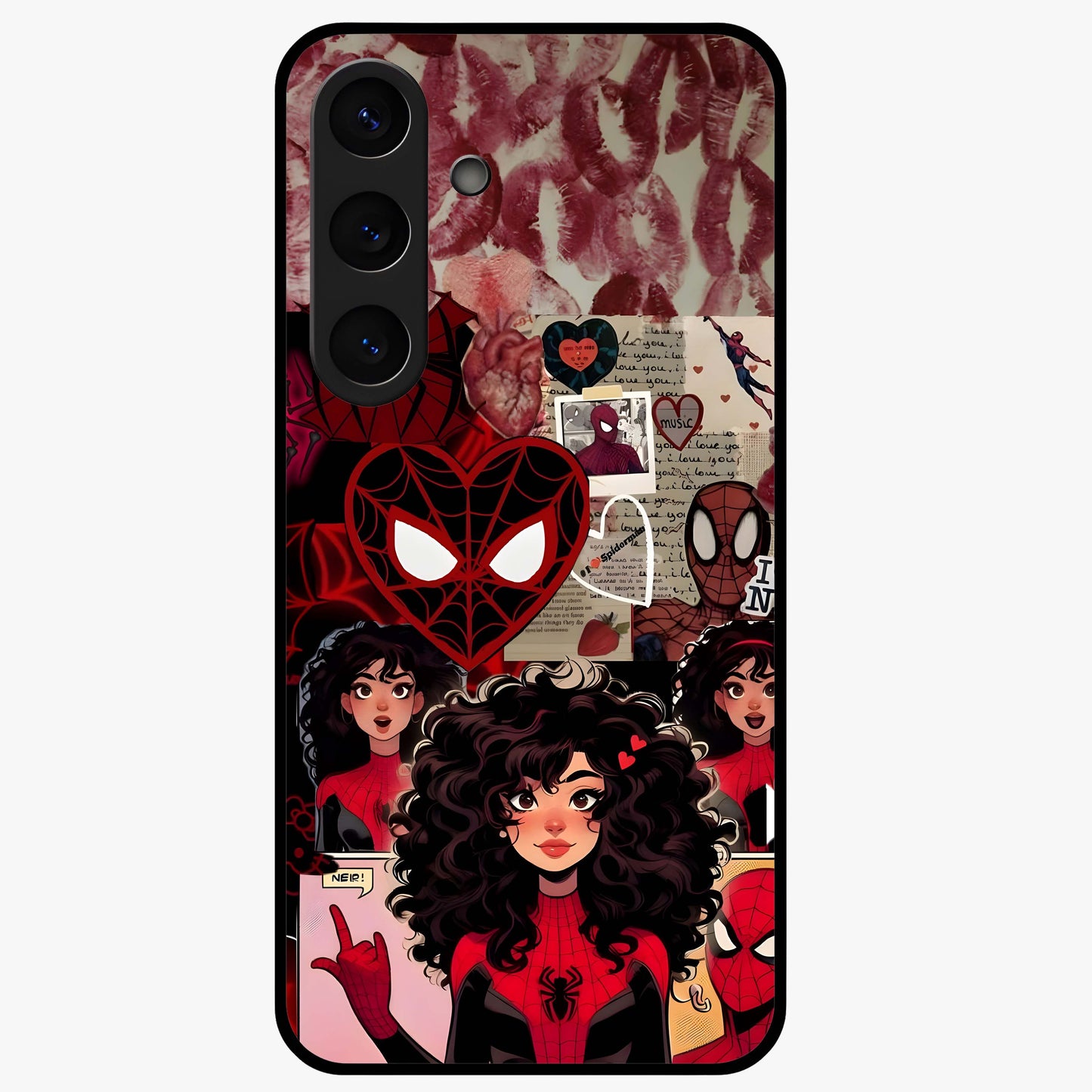 Spider Love Story Glass Case showing flat back view with romantic superhero themed artwork and glossy glass finish.