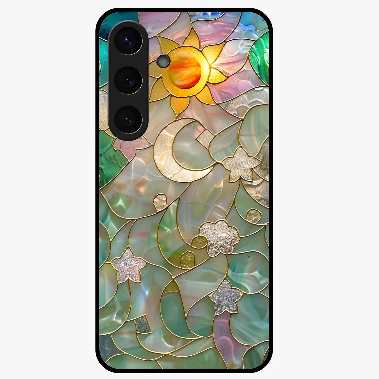 Stained Sunrise Glow Glass Case showing flat back view with glowing sunrise stained pattern artwork and glossy glass finish.