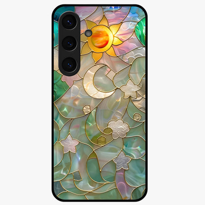 Stained Sunrise Glow Glass Case showing flat back view with glowing sunrise stained pattern artwork and glossy glass finish.