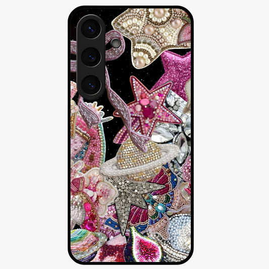 Starlit Jewel Dream Glass Case showing flat back view with sparkling jewel and star themed artwork and glossy glass finish.