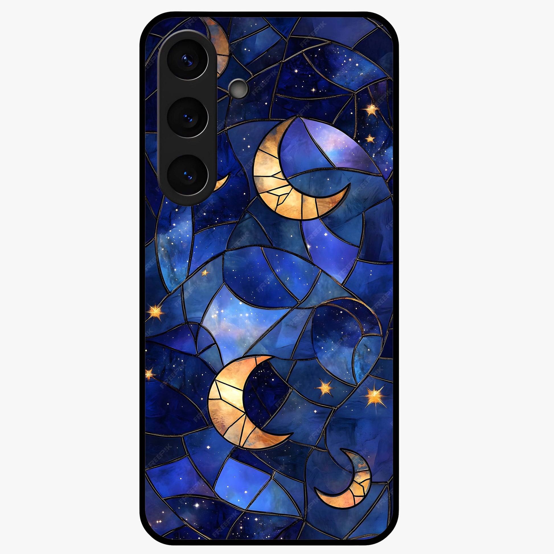 Starlit Sky Tapestry Glass Case showing flat back view with decorative starry sky tapestry artwork and glossy glass finish.