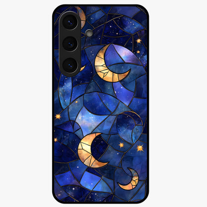 Starlit Sky Tapestry Glass Case showing flat back view with decorative starry sky tapestry artwork and glossy glass finish.
