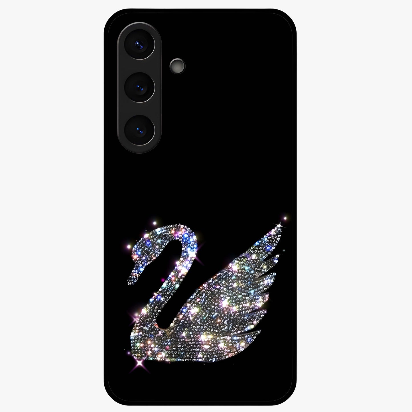 Starlit Swan Grace Glass Case showing flat back view with graceful swan artwork under starry sky and glossy glass finish.