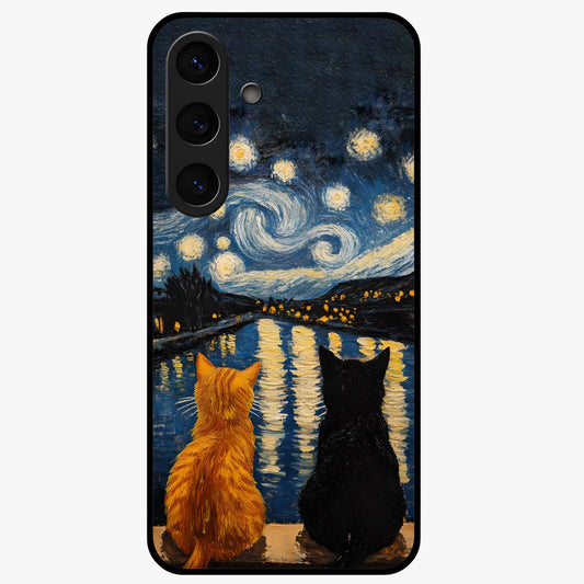 Starry River Cats Glass Case showing flat back view with cats by a starry river artwork and glossy glass finish.