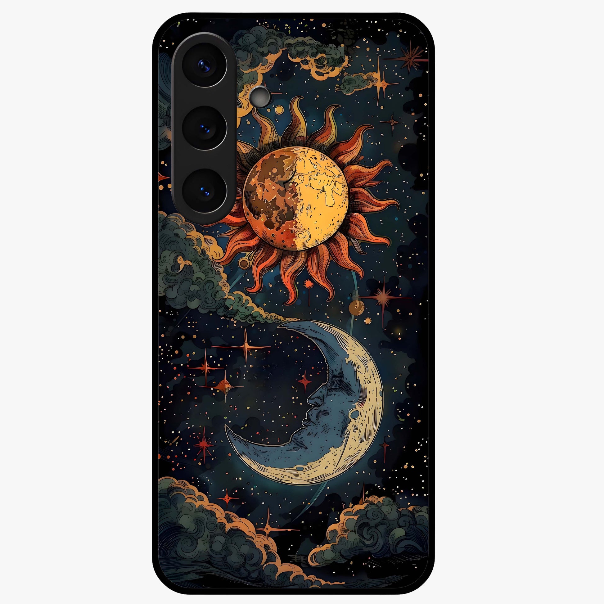 Sun And Moon Magic Design Glass Case showing flat back view with mystical sun and moon artwork and glossy glass finish.
