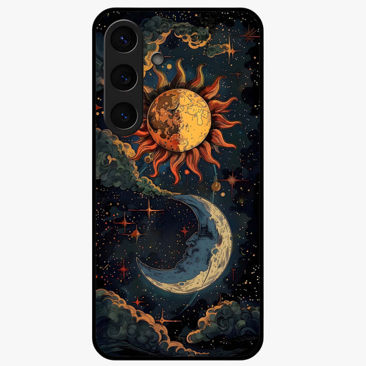 Sun And Moon Magic Design Glass Case showing flat back view with mystical sun and moon artwork and glossy glass finish.