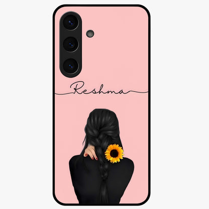 Sunflower Braid Beauty With Custom Name Glass Case showing flat back view with sunflower braid artwork and personalized name design.