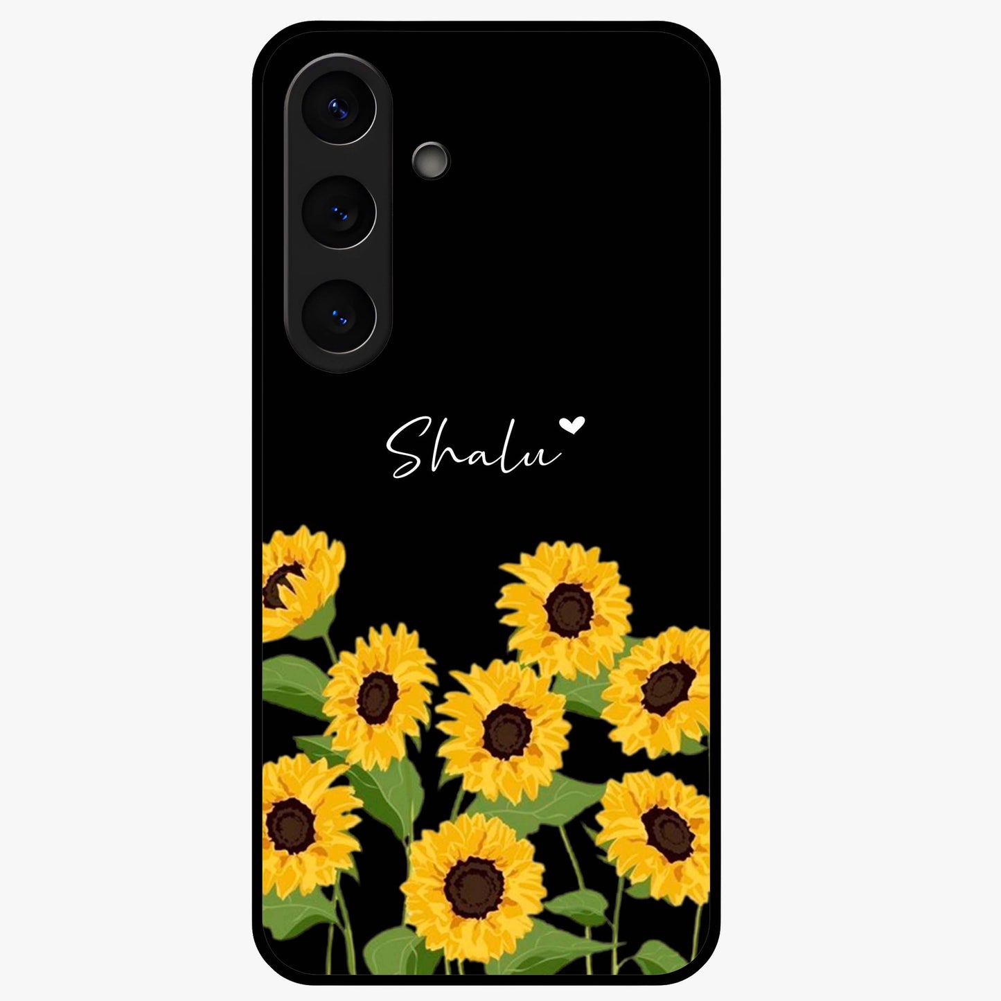 Sunflower Chic Mood Custom Name Glass Case showing flat back view with stylish sunflower artwork and personalized name design.