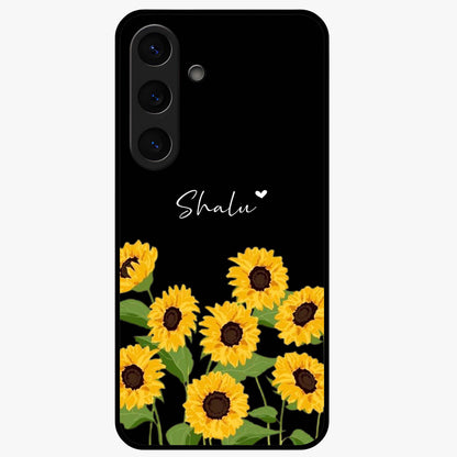 Sunflower Chic Mood Custom Name Glass Case showing flat back view with stylish sunflower artwork and personalized name design.