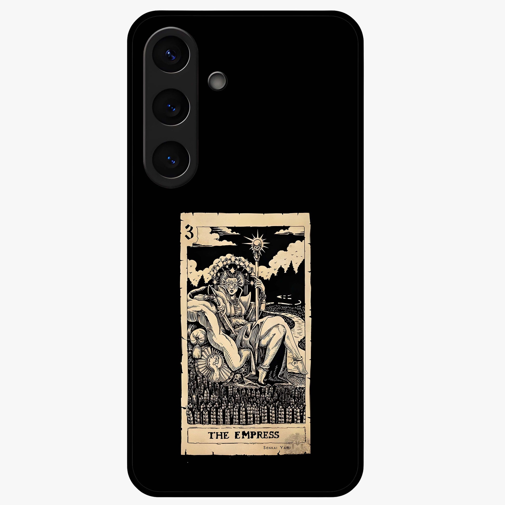 The Empress Glass Case showing flat back view with regal feminine artwork and glossy glass finish.