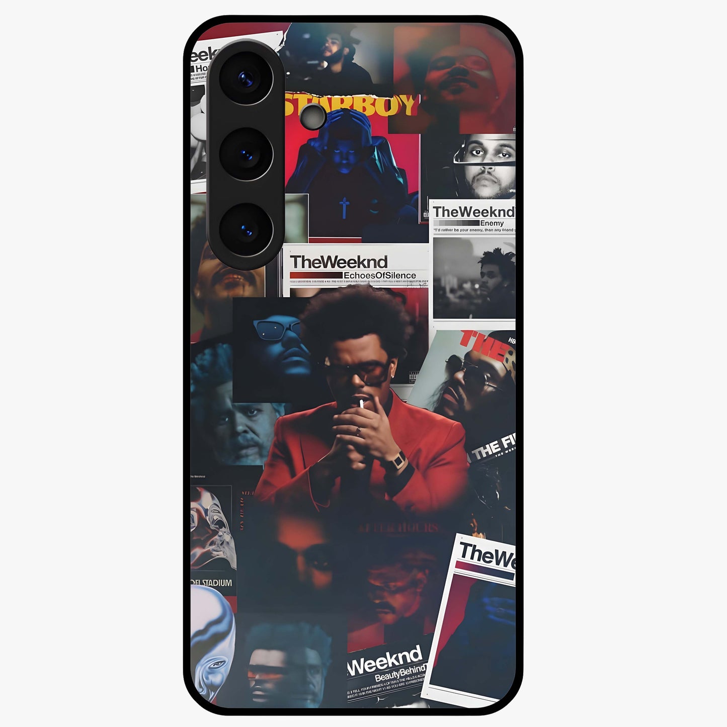 The Weeknd Glass Case showing flat back view with music inspired artistic portrait artwork and glossy glass finish.