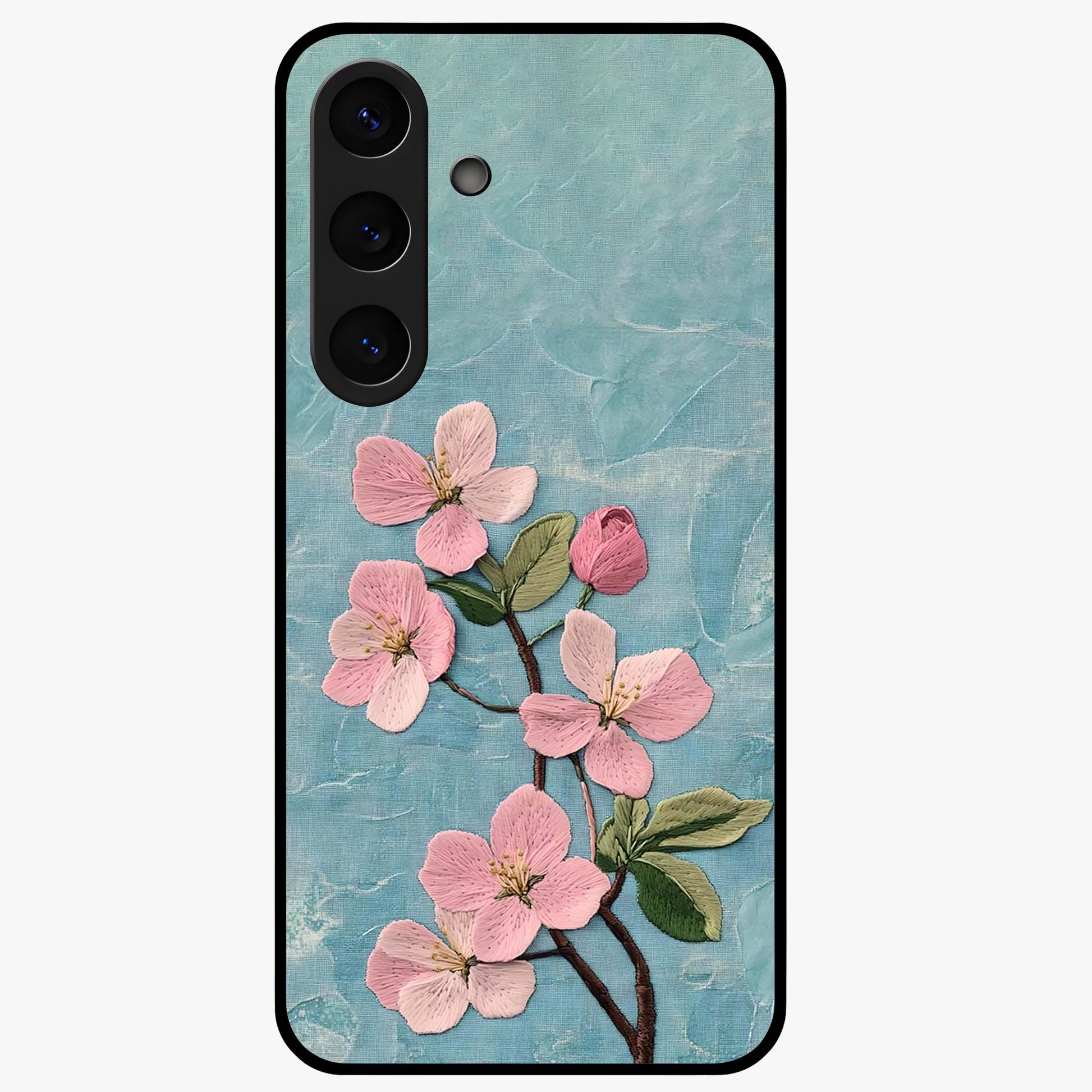 Threaded Blossom Breeze Glass Case showing flat back view with delicate blossom artwork and glossy glass finish.