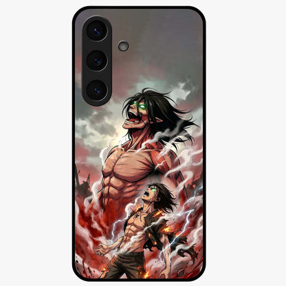 Titan Awakening Fury Glass Case showing flat back view with powerful titan inspired artwork and glossy glass finish.