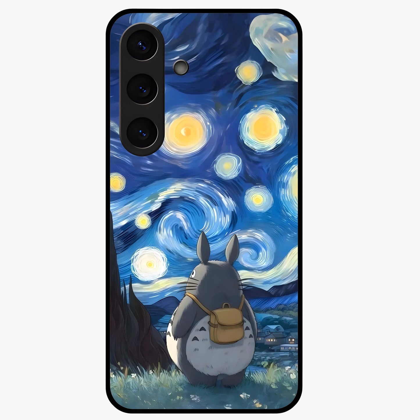 Totoro In Van Gogh Art Glass Case showing flat back view with whimsical character artwork inspired by Van Gogh style and glossy glass finish.