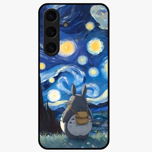 Totoro In Van Gogh Art Glass Case showing flat back view with whimsical character artwork inspired by Van Gogh style and glossy glass finish.