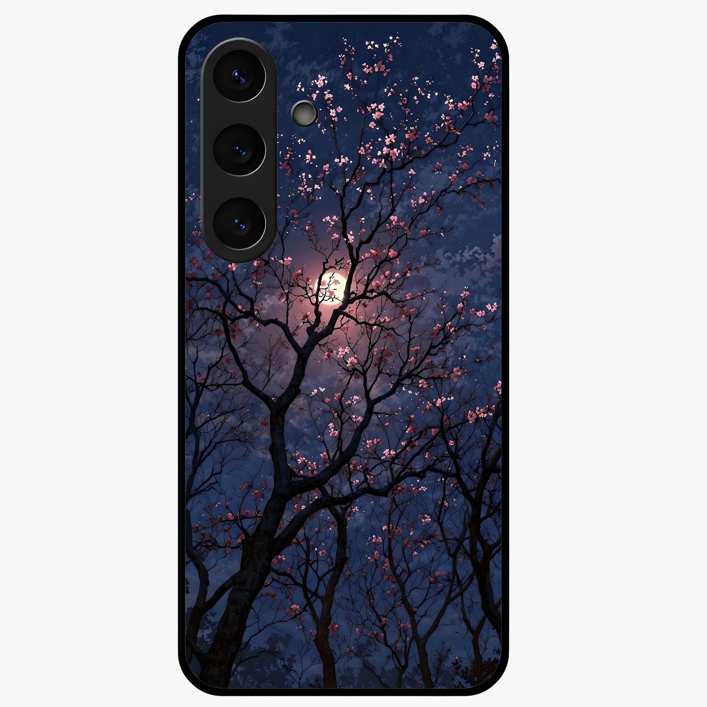 Twilight Sakura Serenade Glass Case showing flat back view with cherry blossom artwork at twilight and glossy glass finish.