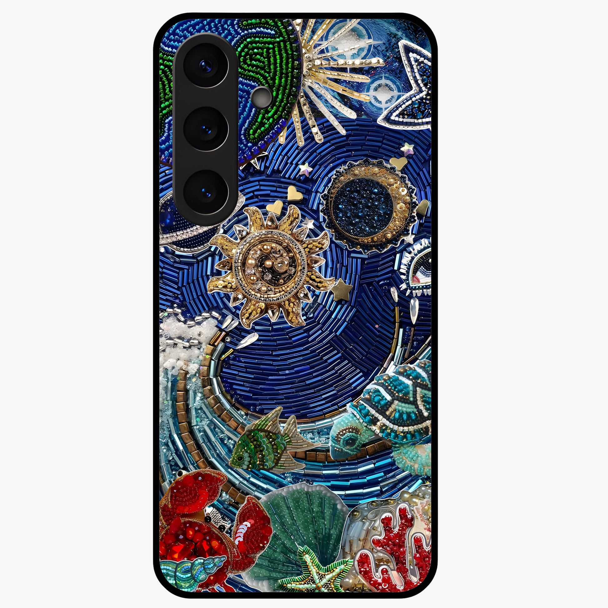 Universe Underwater Spark Glass Case showing flat back view with cosmic underwater themed artwork and glossy glass finish.