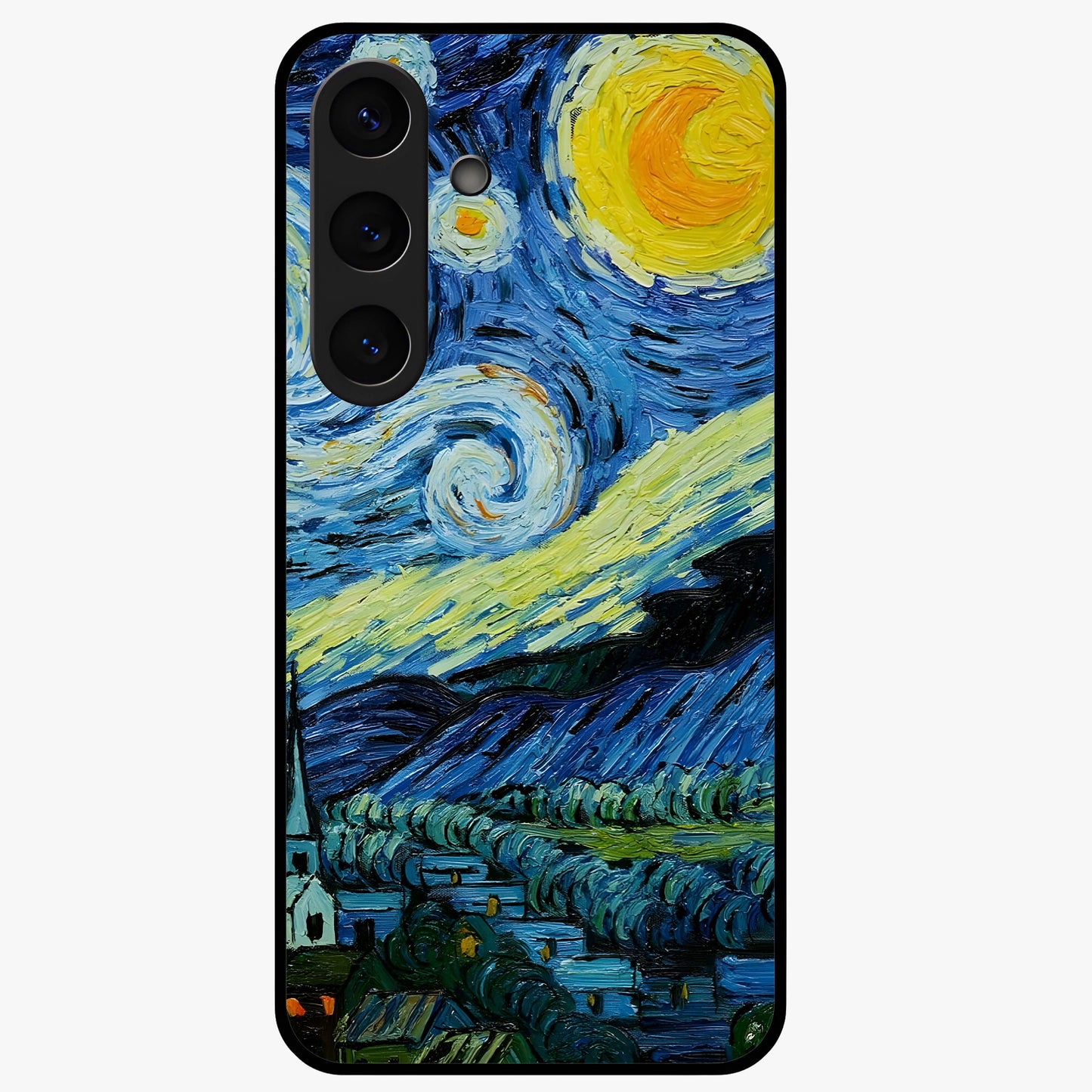 Van Gogh Art Glass Case showing flat back view with classic painterly artwork inspired by Van Gogh style and glossy glass finish.