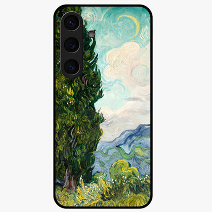 Van Gogh Vintage Art Glass Case showing flat back view with vintage painterly artwork inspired by Van Gogh style and glossy glass finish.