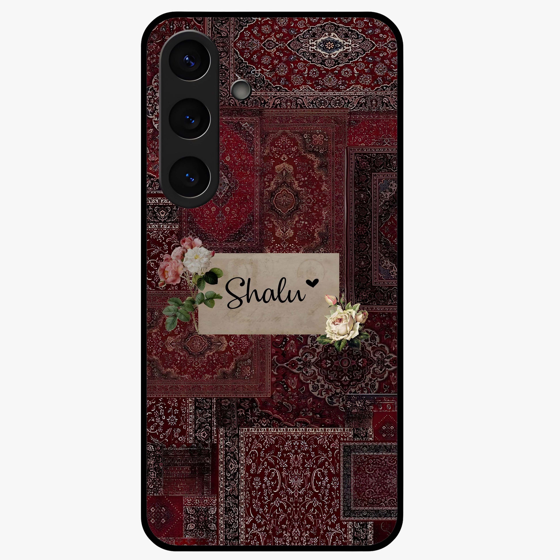 Velvet Wine Pattern Custom Name Glass Case showing flat back view with elegant wine colored pattern artwork and personalized name design.