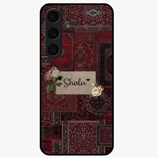 Velvet Wine Pattern Custom Name Glass Case showing flat back view with elegant wine colored pattern artwork and personalized name design.