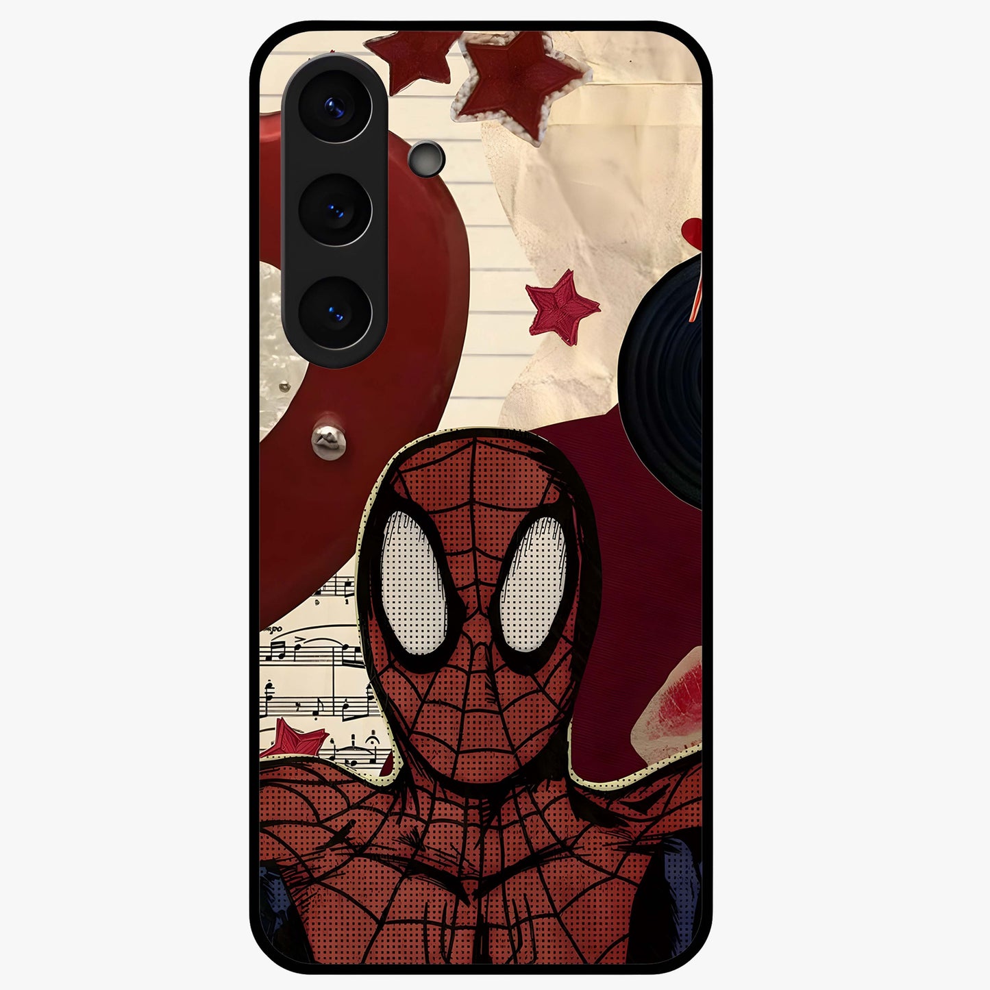 Web Warrior Vibes Glass Case showing flat back view with superhero inspired web themed artwork and glossy glass finish.